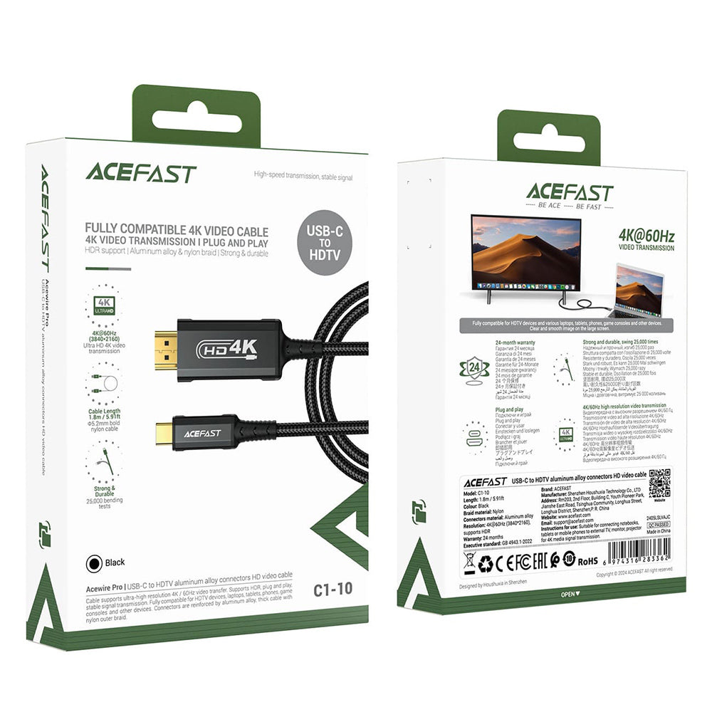 USB-C to HDMI Audio and Video Cable Acefast C1-10, 1.8m, Black