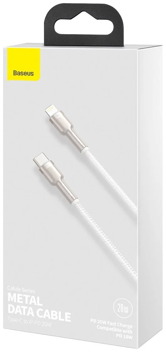 Tieto- ja latauskaapeli USB-C - Lightning Baseus Cafule Metal Series, 20W, 1m, valkoinen CATLJK-A02
