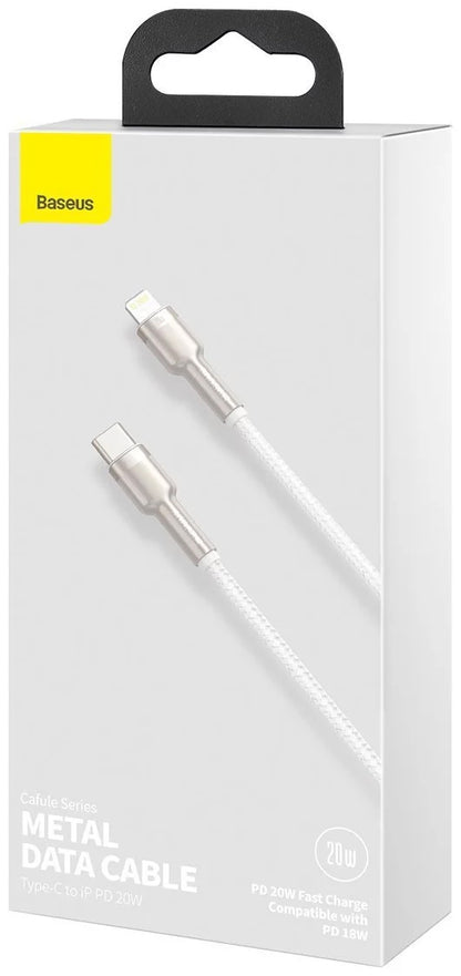 Tieto- ja latauskaapeli USB-C - Lightning Baseus Cafule Metal Series, 20W, 1m, valkoinen CATLJK-A02