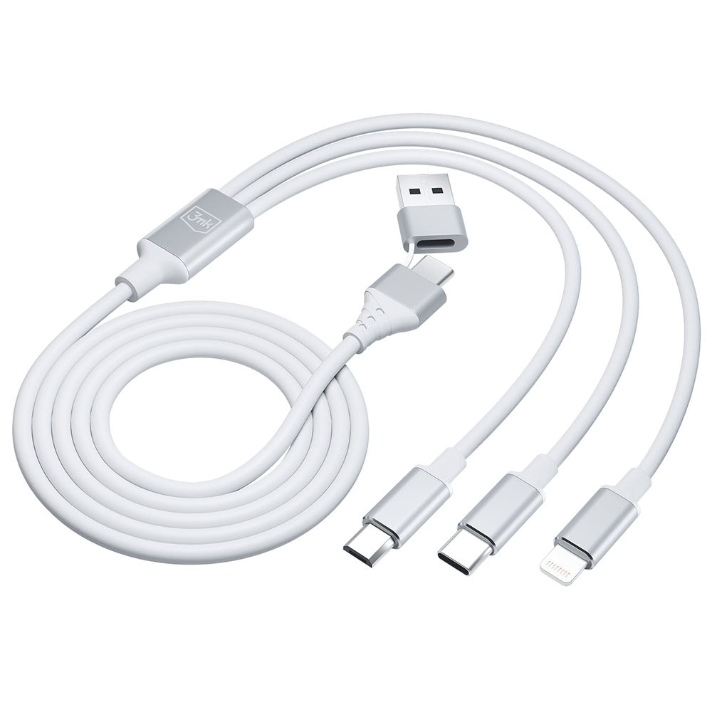 USB-A / USB-C - Lightning / microUSB / USB-C 3MK Hyper 3in1 -latauskaapeli, 12W, 1.5m, Valkoinen
