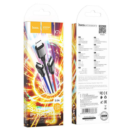 USB-A Charging Cable - Lightning / microUSB / USB-C HOCO X76 3in1, 18W, 1m, Multicolor
