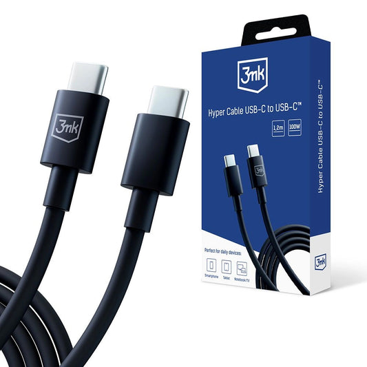 USB-C - USB-C 3MK Hyper -data- ja latauskaapeli, 100W, 1.2m, Musta