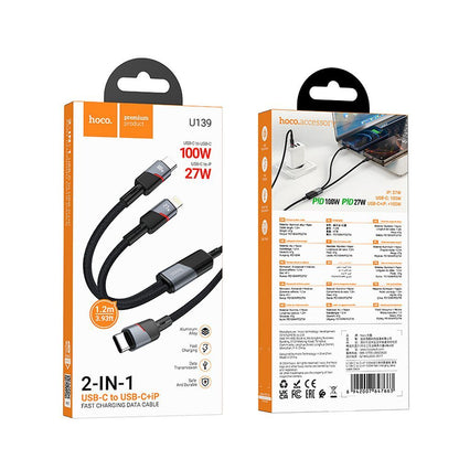 USB-C - Lightning / USB-C HOCO U139 2in1 -kaapeli, 100W, 1.2m, Musta