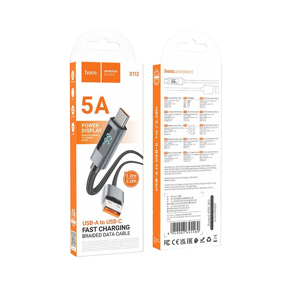 USB-A - USB-C HOCO Display X112 Data- ja Latauskaapeli, 100W, 1m, Musta