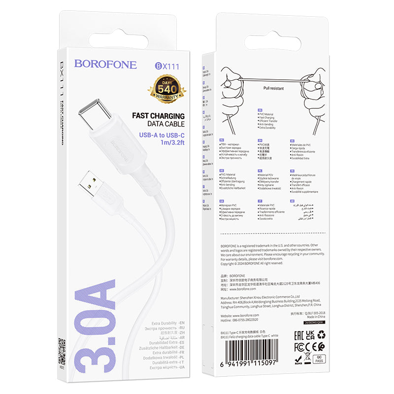 USB-A - USB-C Borofone BX111 Feliz data- ja latauskaapeli, 20W, 1m, Valkoinen