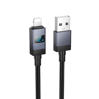 USB-A - Lightning HOCO X118 Display -data- ja latauskaapeli, 12W, 1m, Musta