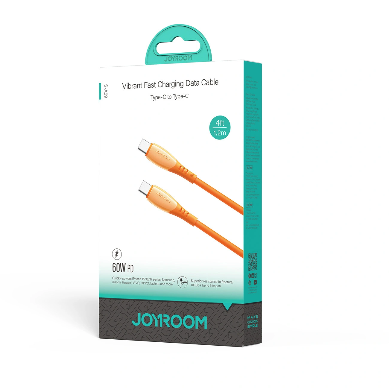 USB-C - USB-C -kaapeli ja lataus Joyroom S-A59 Vibrant, 60W, 1.2m, Oranssi