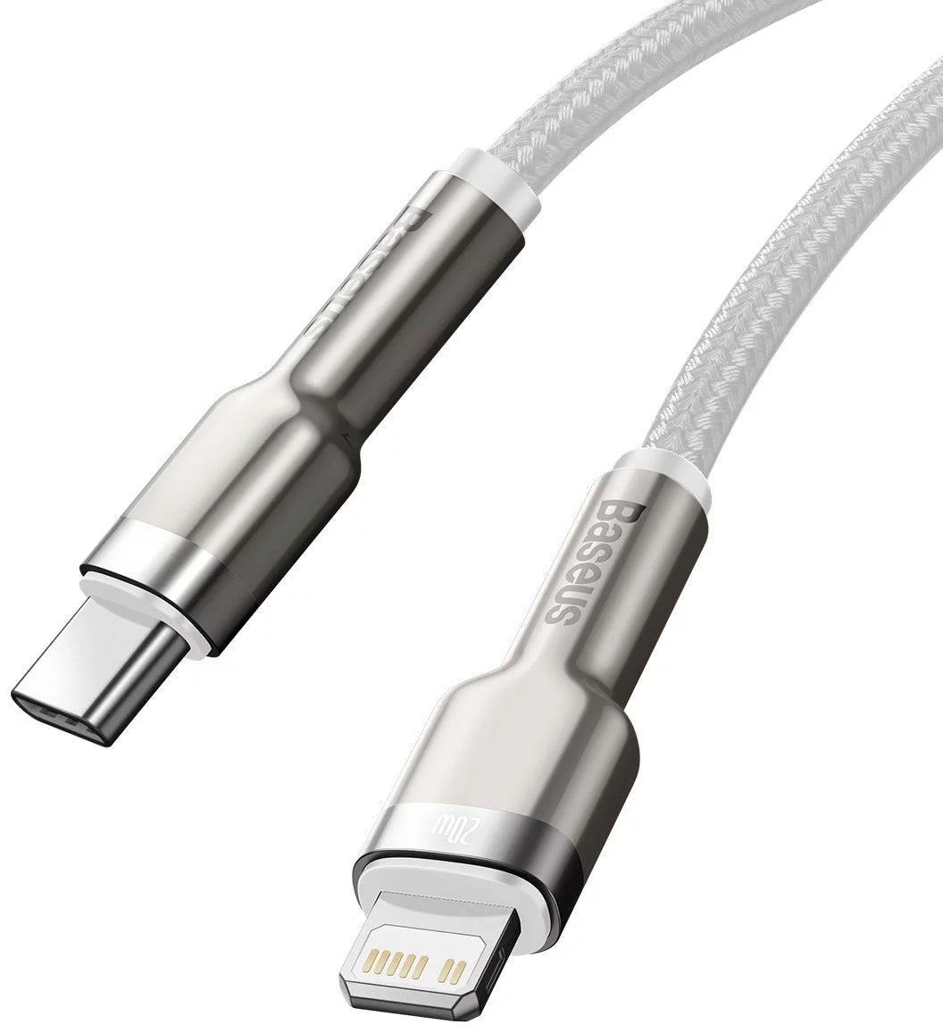 Tieto- ja latauskaapeli USB-C - Lightning Baseus Cafule Metal Series, 20W, 1m, valkoinen CATLJK-A02