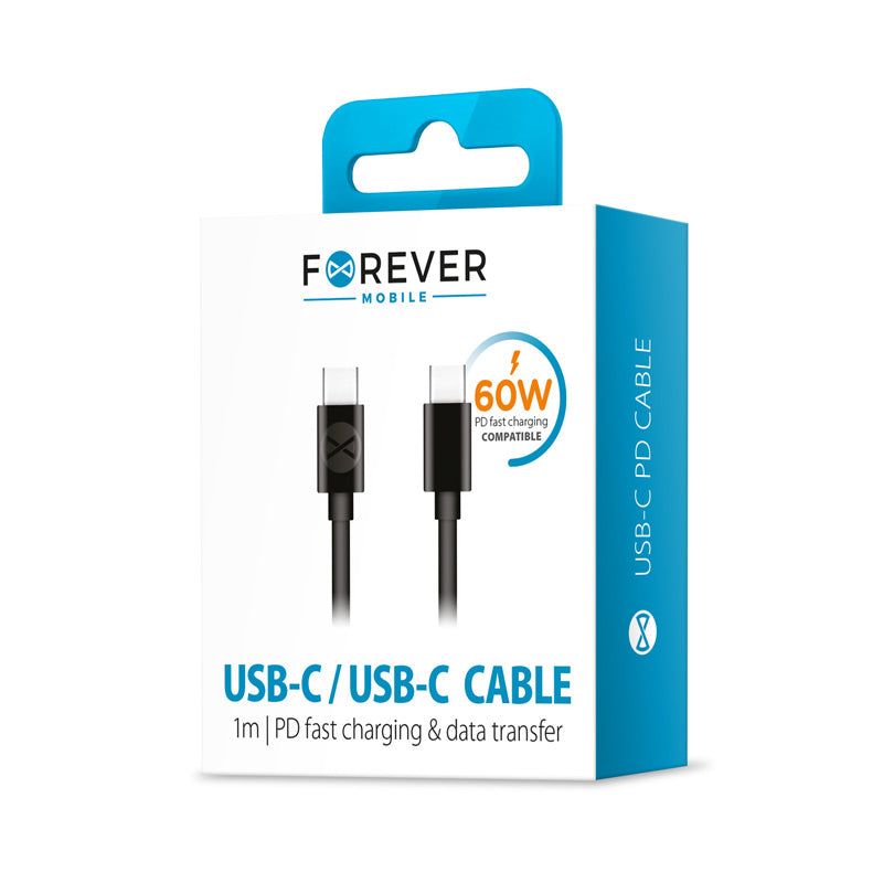 USB-C - USB-C Forever -data- ja latauskaapeli, 60W, 1m, Musta