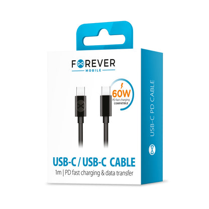 USB-C - USB-C Forever -data- ja latauskaapeli, 60W, 1m, Musta