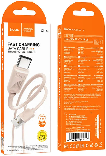 USB-A - USB-C HOCO X114 Data- ja Latauskaapeli, 18W, 1m, Vaaleanpunainen