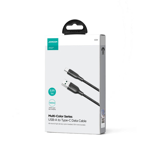 USB-A - USB-C Joyroom Multi-Color S-A34 -data- ja latauskaapeli, 100W, 1m, Musta