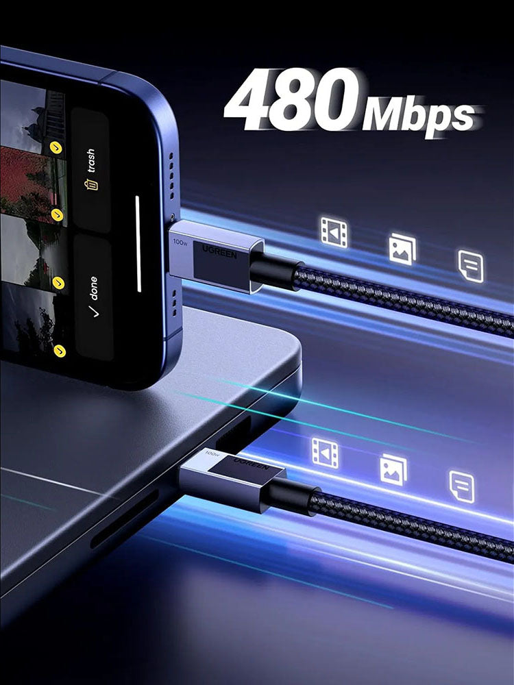 USB-C - USB-C UGREEN L512 Data- ja Latauskaapeli, 100W, 0.5m, Harmaa