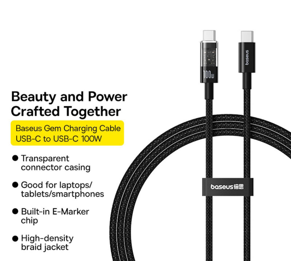USB-C - USB-C Baseus Gem -data- ja latauskaapeli, 100W, 2m, Musta P10373000111-01