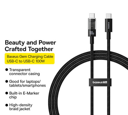 USB-C - USB-C Baseus Gem -data- ja latauskaapeli, 100W, 2m, Musta P10373000111-01