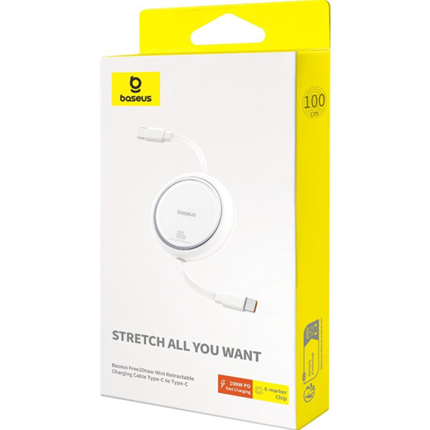 USB-C - USB-C Baseus Free2Draw Mini Retractable -data- ja latauskaapeli, 100W, 1m, Valkoinen P10364500211-00