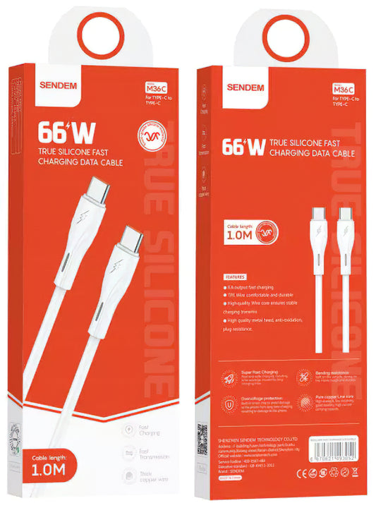 USB-C - USB-C Sendem M36C -tietojen siirto- ja latauskaapeli, 66W, 1m, valkoinen