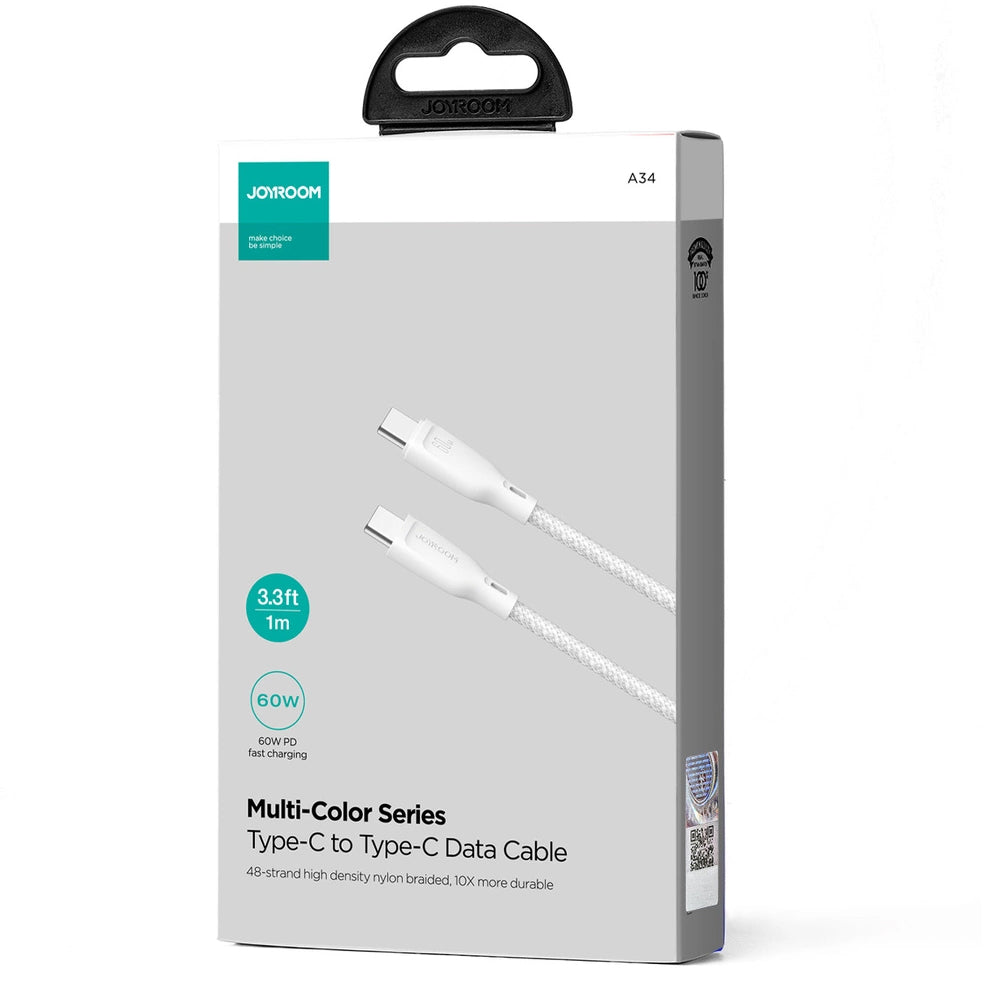 USB-C - USB-C Joyroom Multi-Color S-A34 -kaapeli, 60W, 1m, Valkoinen