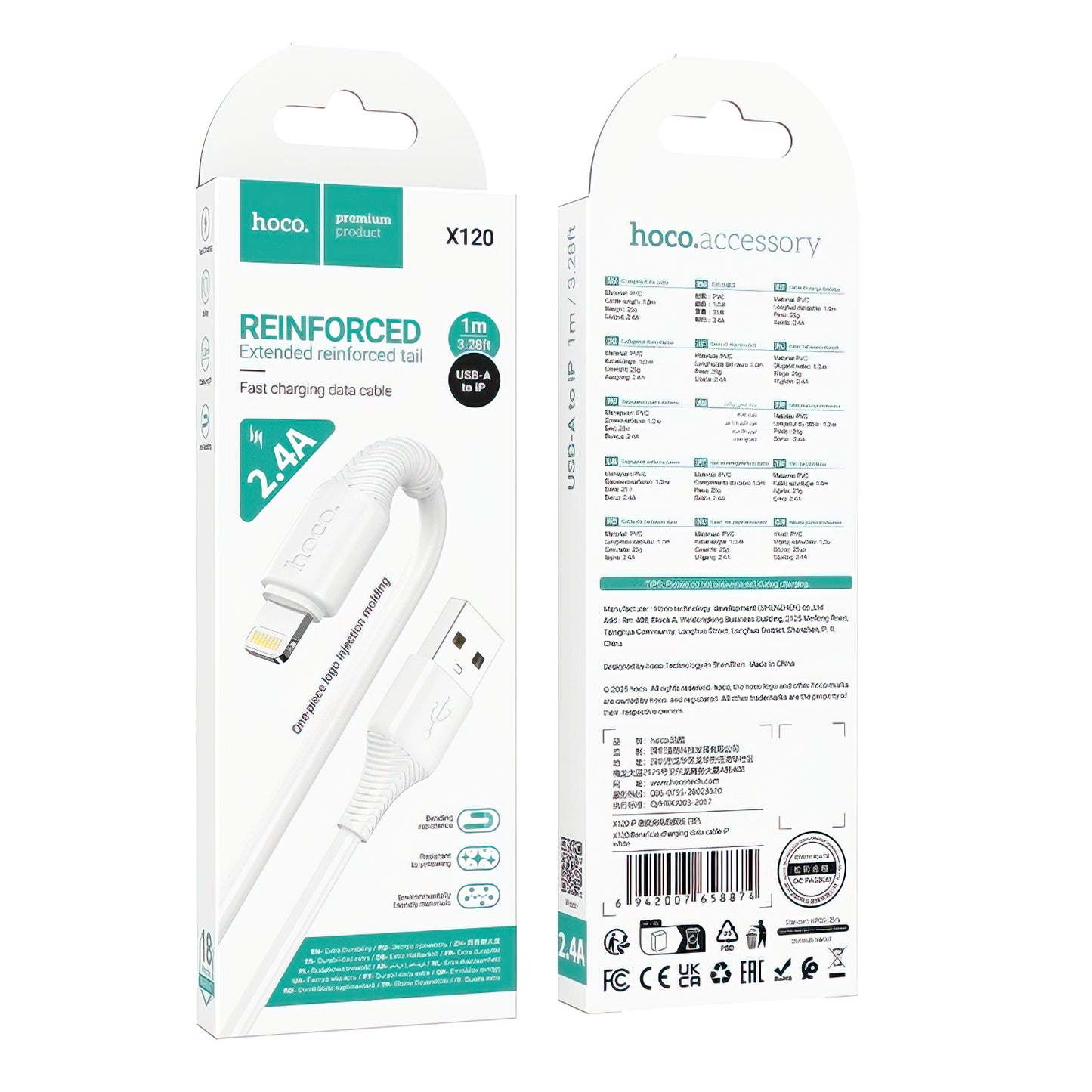 USB-A - Lightning HOCO X120 Data- ja Latauskaapeli, 18W, 1m, Valkoinen