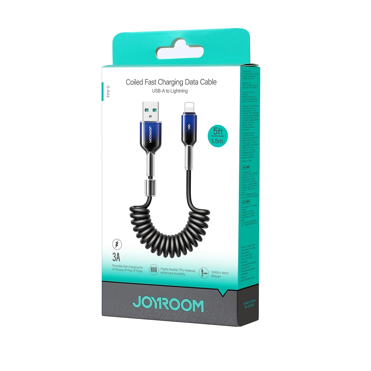 Data- ja latauskaapeli USB-A - Lightning Joyroom S-A43 Crystal, 18W, 1.5m, Musta