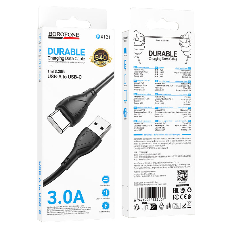 USB-A - USB-C Borofone BX121 Energy -data- ja latauskaapeli, 18W, 1m, Musta