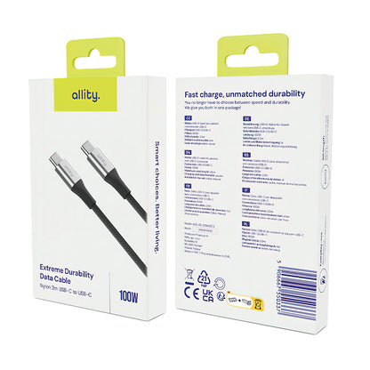 USB-C - USB-C Allity -data- ja latauskaapeli. AUC-01, 100W, 1m, Musta