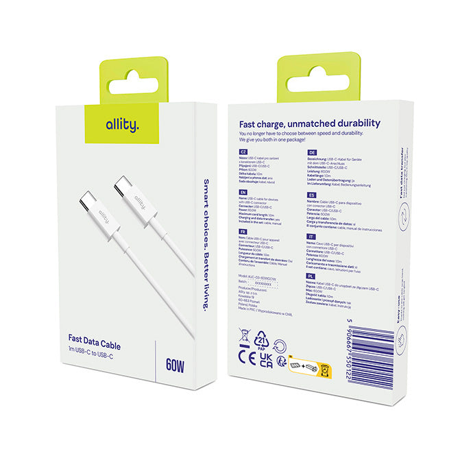 USB-C - USB-C Allity -data- ja latauskaapeli. AUC-03, 100W, 1m, Valkoinen