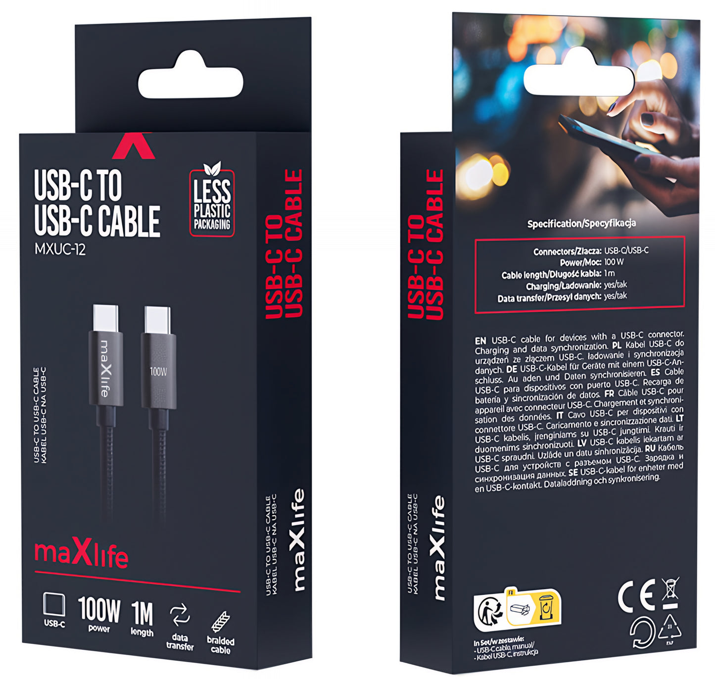 USB-C - USB-C -kaapeli ja lataus MaXlife MXUC-12, 100W, 1m, Musta