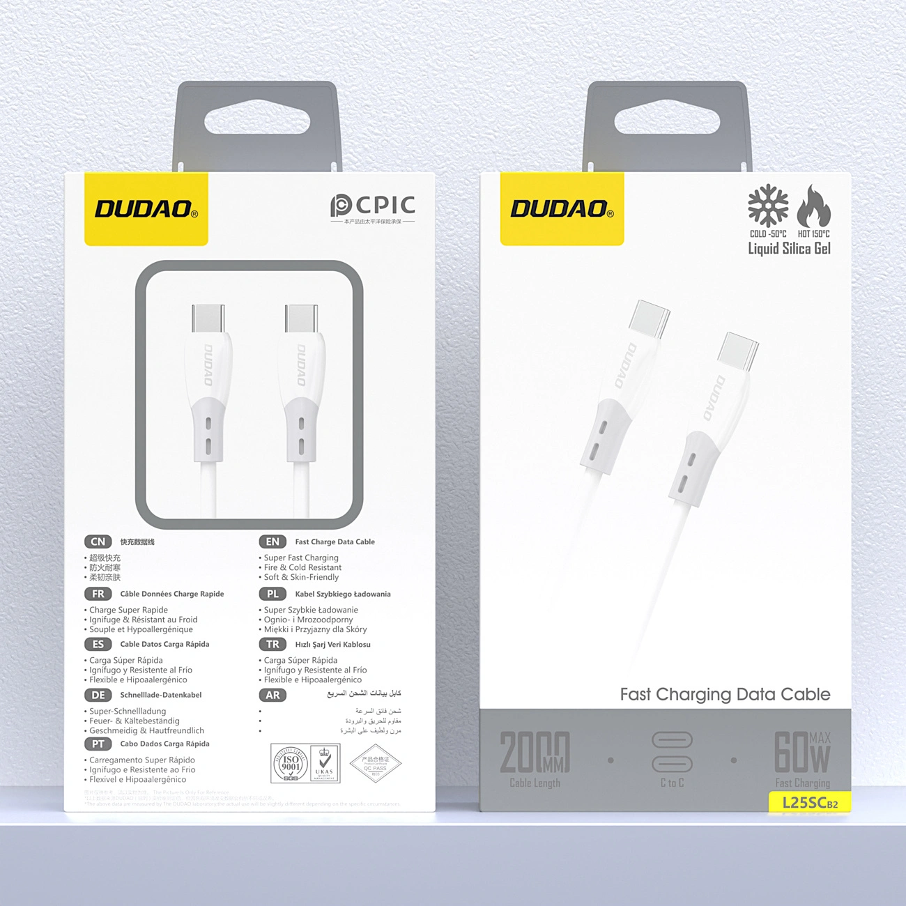 USB-C - USB-C Dudao L25SC Data- ja Latauskaapeli, 60W, 2m, Valkoinen