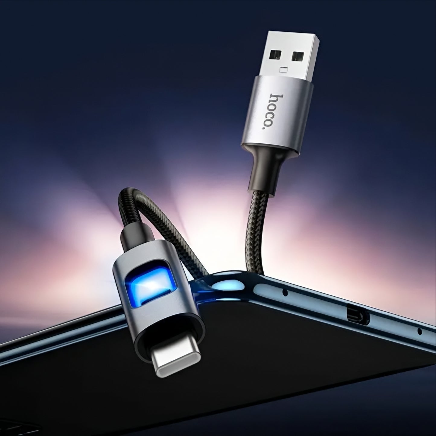 USB-A - USB-C HOCO U144 Led -data- ja latauskaapeli, 18W, 1.2m, Musta
