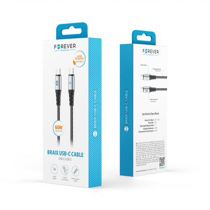 USB-C - USB-C Forever Braix -data- ja latauskaapeli, 60W, 1m, Musta