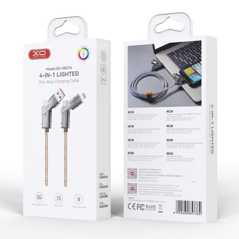 USB-C / USB-A - USB-C / Lightning -kaapeli XO Design NB276, 60W, 1m, Harmaa