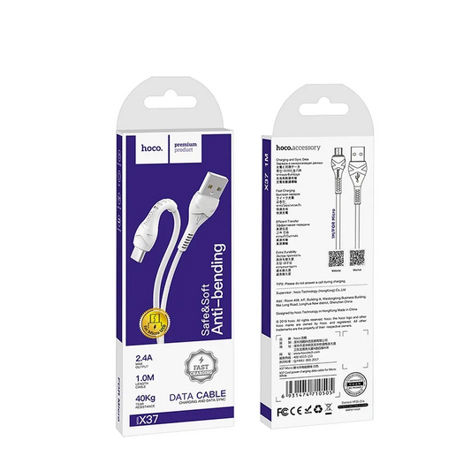 USB-A - microUSB HOCO X37 -lataus- ja tiedonsiirtokaapeli, 18W, 1m, Valkoinen