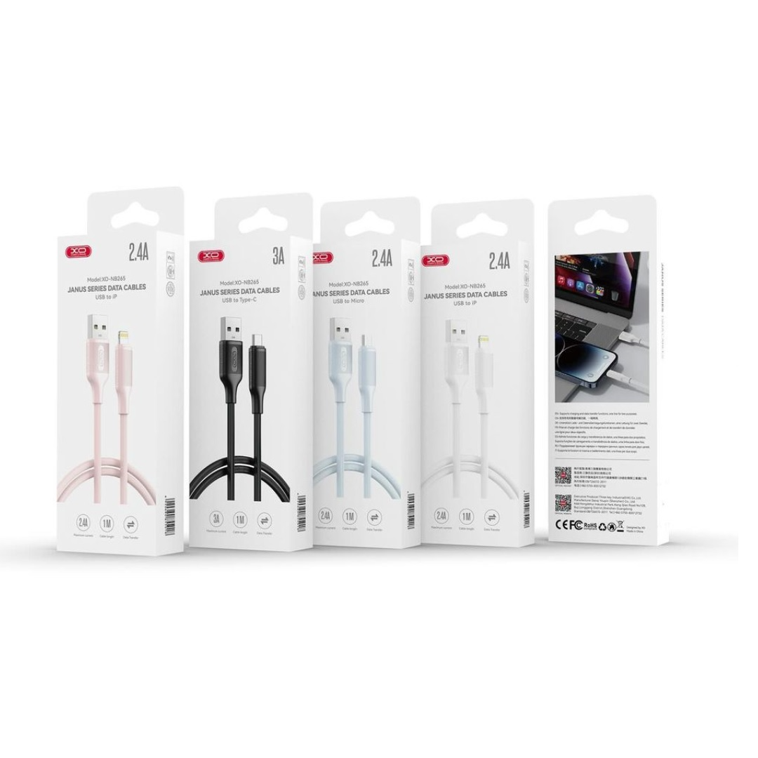 USB-A - USB-C -lataus- ja tiedonsiirtokaapeli XO Design NB265, 18W, 1m, Valkoinen
