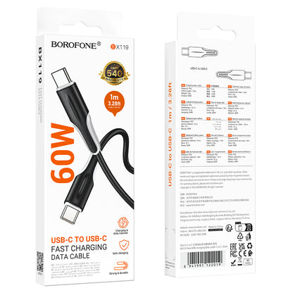 USB-C - USB-C Borofone BX119 New -tietojen ja latauksen kaapeli, 60W, 1m, musta