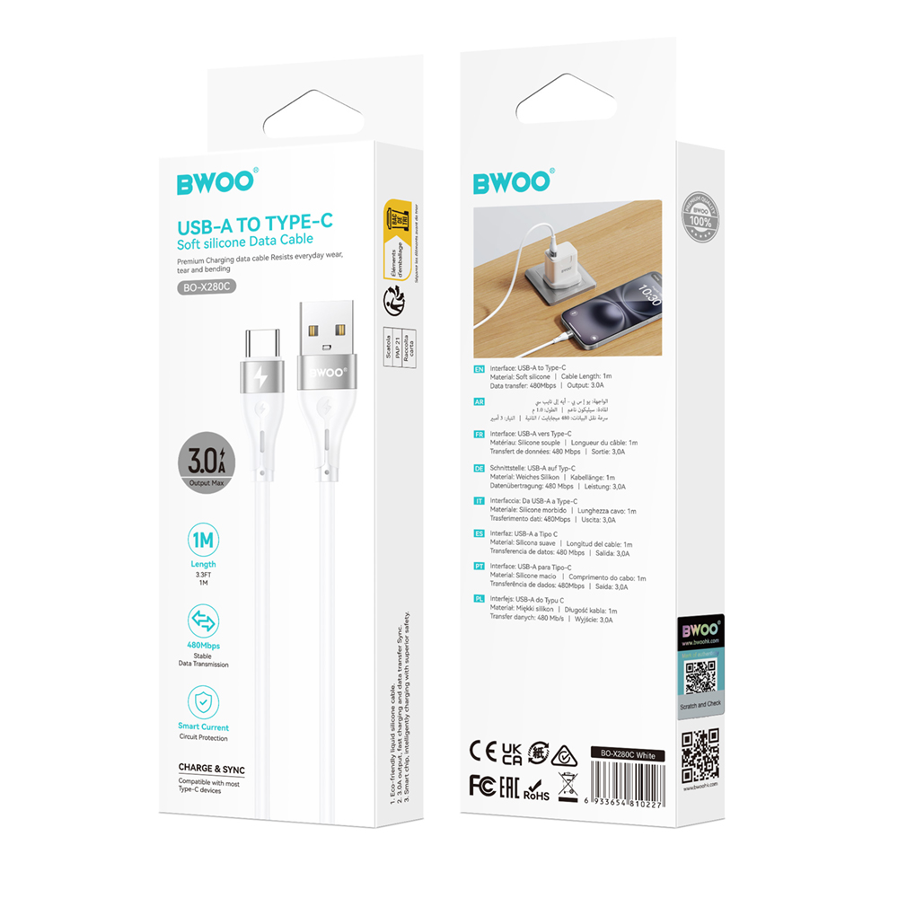 USB-A - USB-C BWOO X280C tiedonsiirto- ja latauskaapeli, 15W, 1m, valkoinen