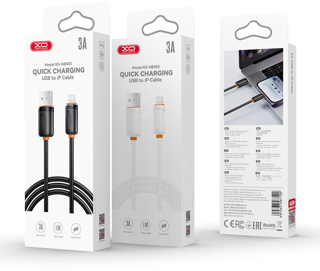 USB-A - USB-C Tietojen si latauksen kaapeli XO Design NB302, 18W, 1m, Musta