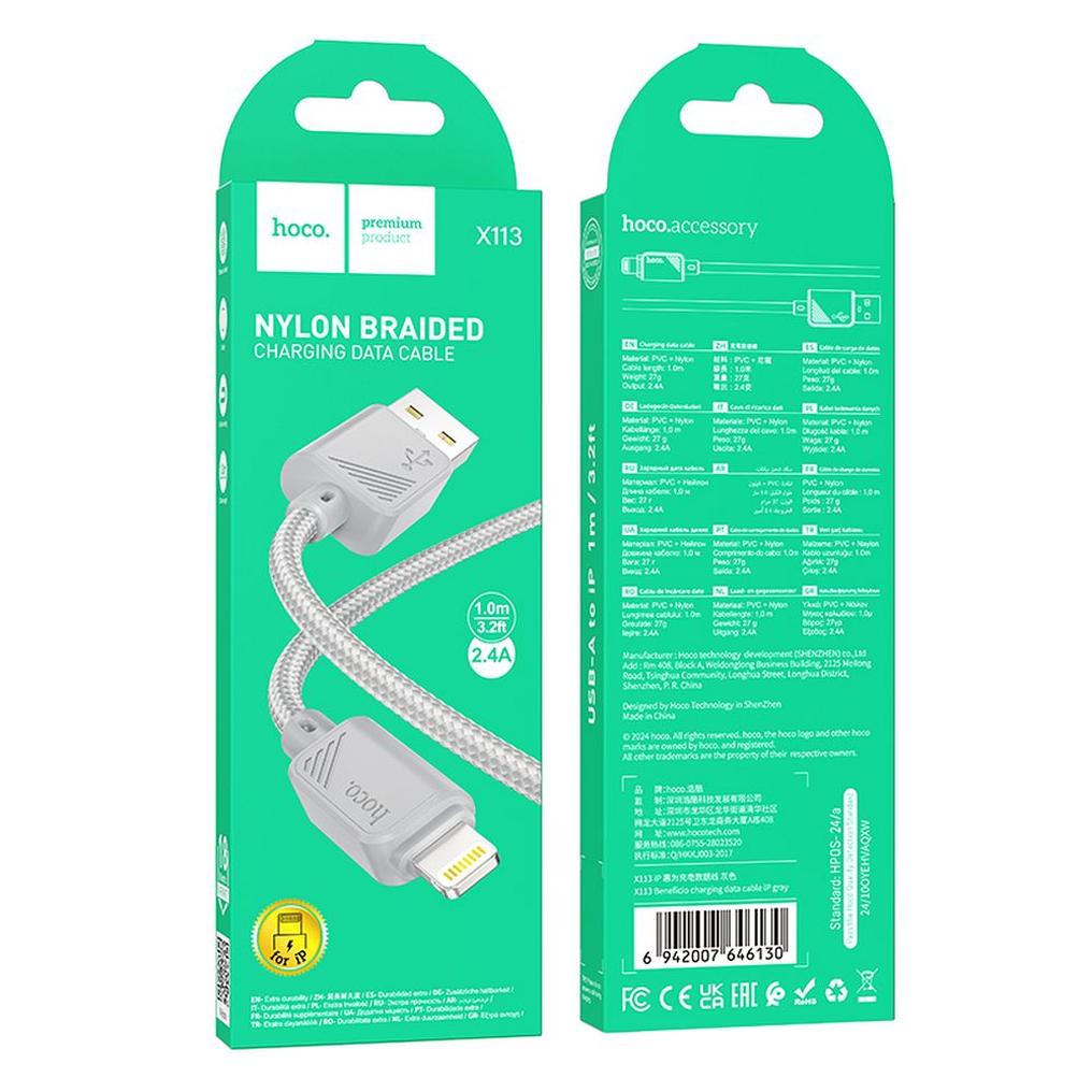 USB-A - Lightning Tietojen siirto- ja latauskaapeli HOCO X113, 18W, 1m, Harmaa