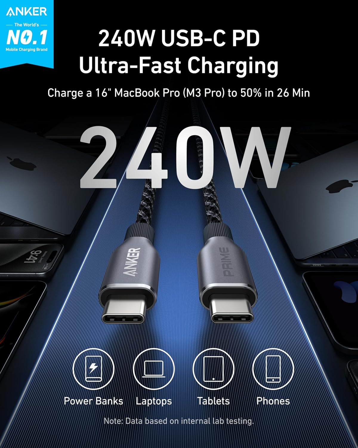 Anker Prime USB-C–USB-C-datakaapeli ja latauskaapeli, 240 W, 0,9 m, musta A88E2011