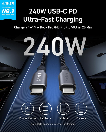 Anker Prime USB-C–USB-C-datakaapeli ja latauskaapeli, 240 W, 0,9 m, musta A88E2011