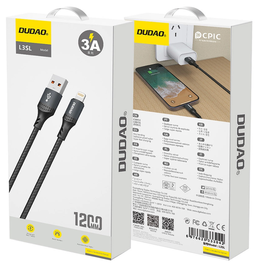 USB-A - Lightning Dudao L3SL -tietojen siirto- ja latauskaapeli, 30W, 1,2 m, musta