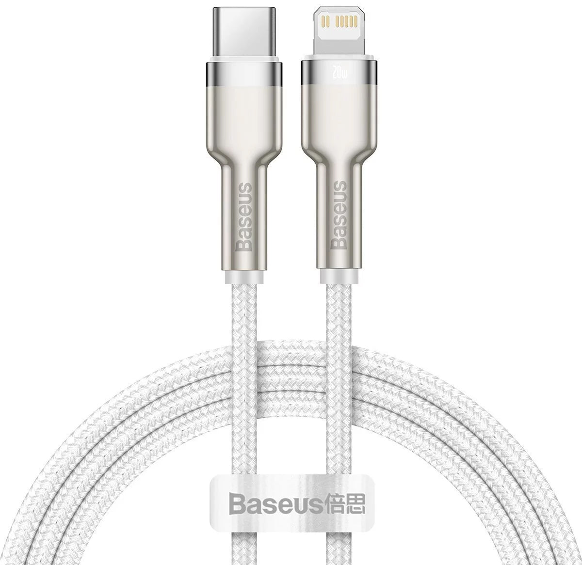 Tieto- ja latauskaapeli USB-C - Lightning Baseus Cafule Metal Series, 20W, 1m, valkoinen CATLJK-A02