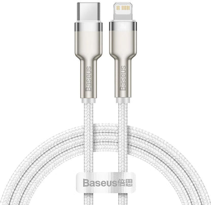 Tieto- ja latauskaapeli USB-C - Lightning Baseus Cafule Metal Series, 20W, 1m, valkoinen CATLJK-A02