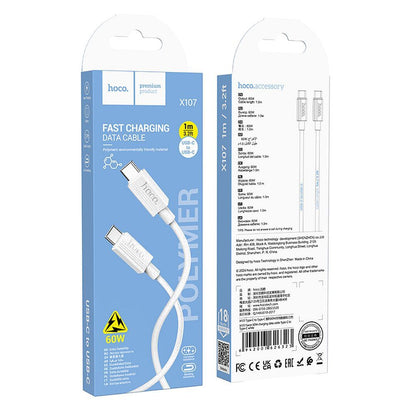 USB-C - USB-C HOCO X107 Data- ja latauskaapeli, 60W, 1m, Valkoinen