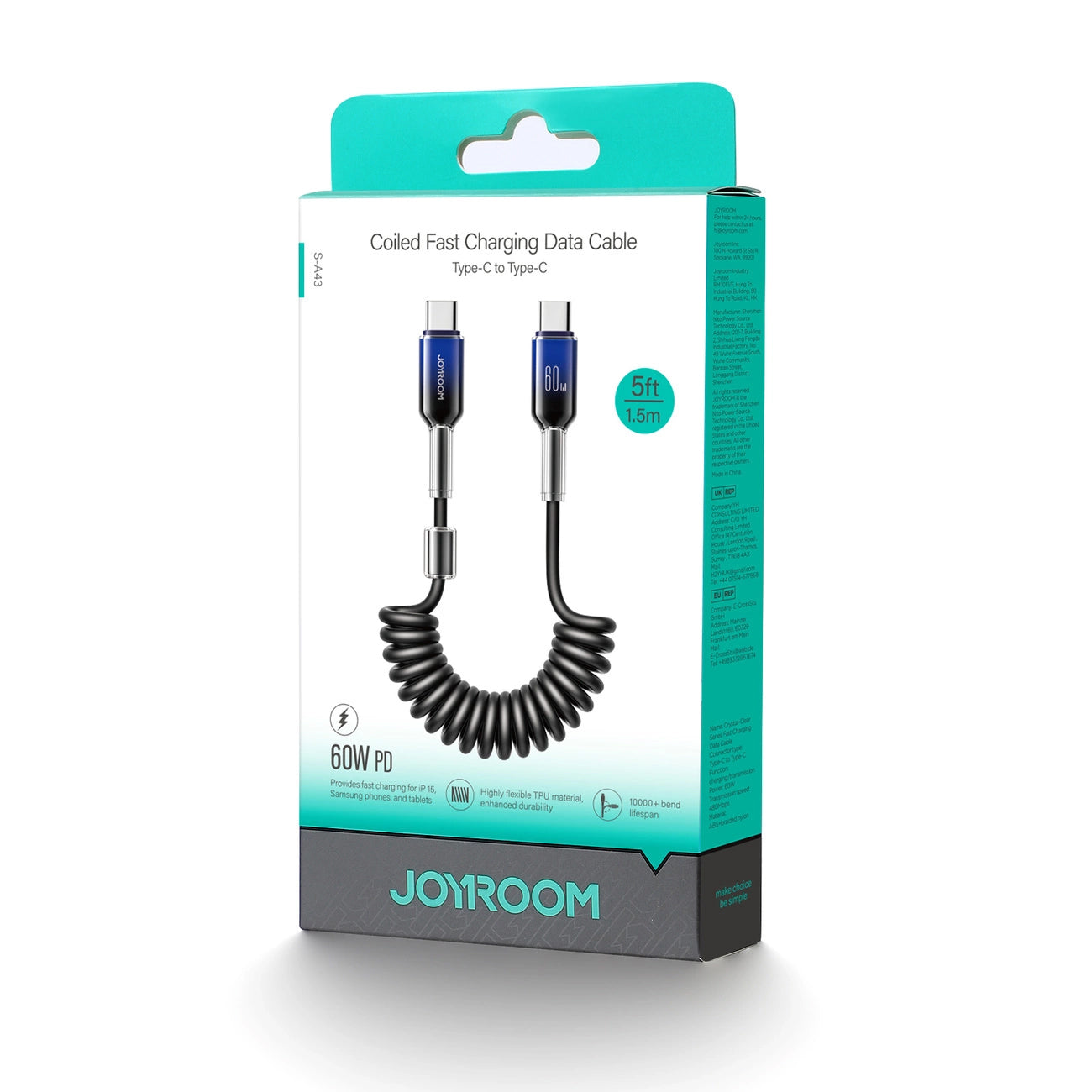 USB-C - USB-C Joyroom S-A43 Crystal -data- ja latauskaapeli, 60W, 1.5m, Musta
