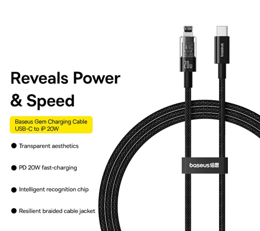 USB-C - Lightning Baseus Gem -data- ja latauskaapeli, 20W, 1m, Musta P10373001111-00