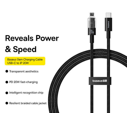 USB-C - Lightning Baseus Gem -data- ja latauskaapeli, 20W, 1m, Musta P10373001111-00
