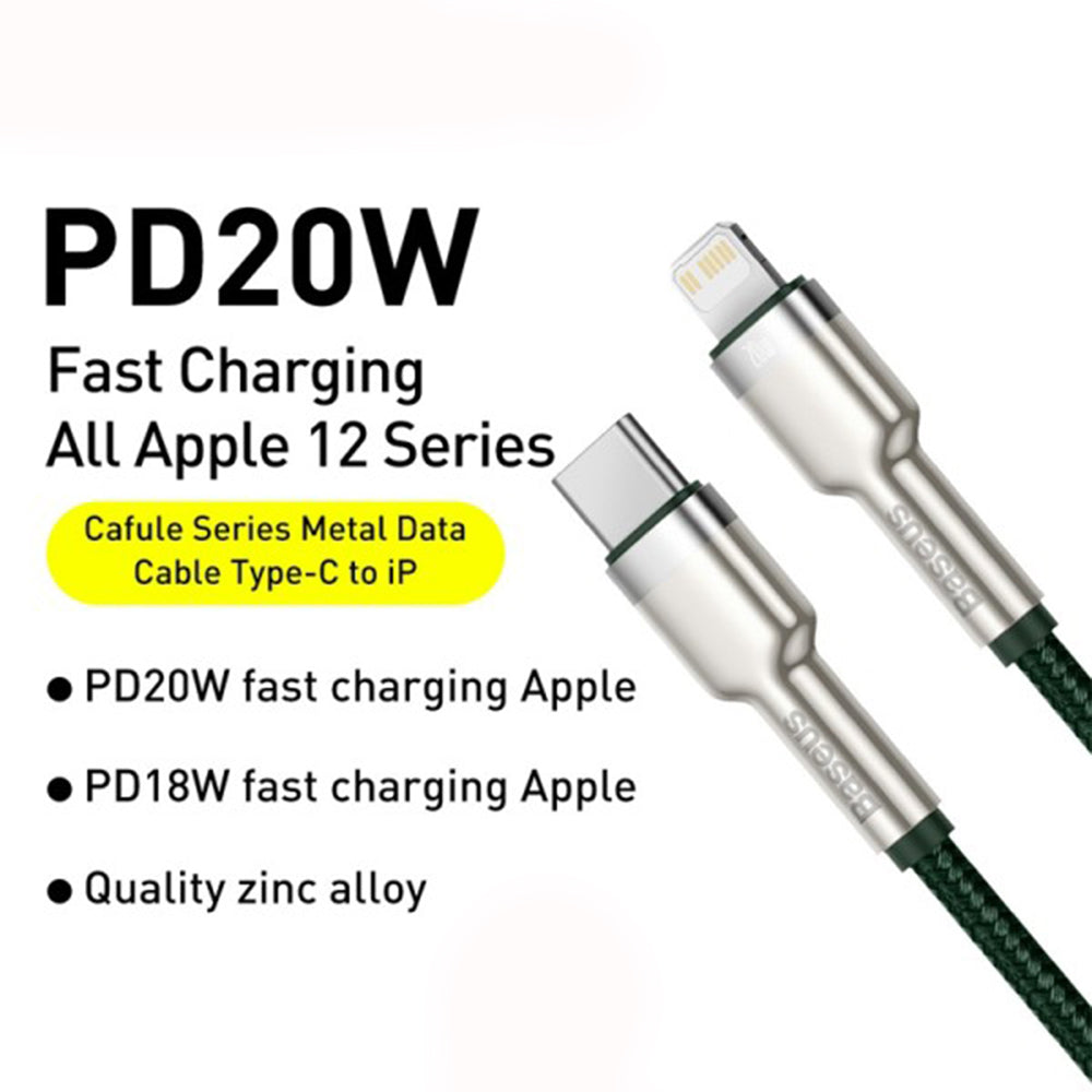 USB-C - Lightning Baseus Cafule Metal Series -data- ja latauskaapeli, 20W, 2m, Vihreä CATLJK-B06
