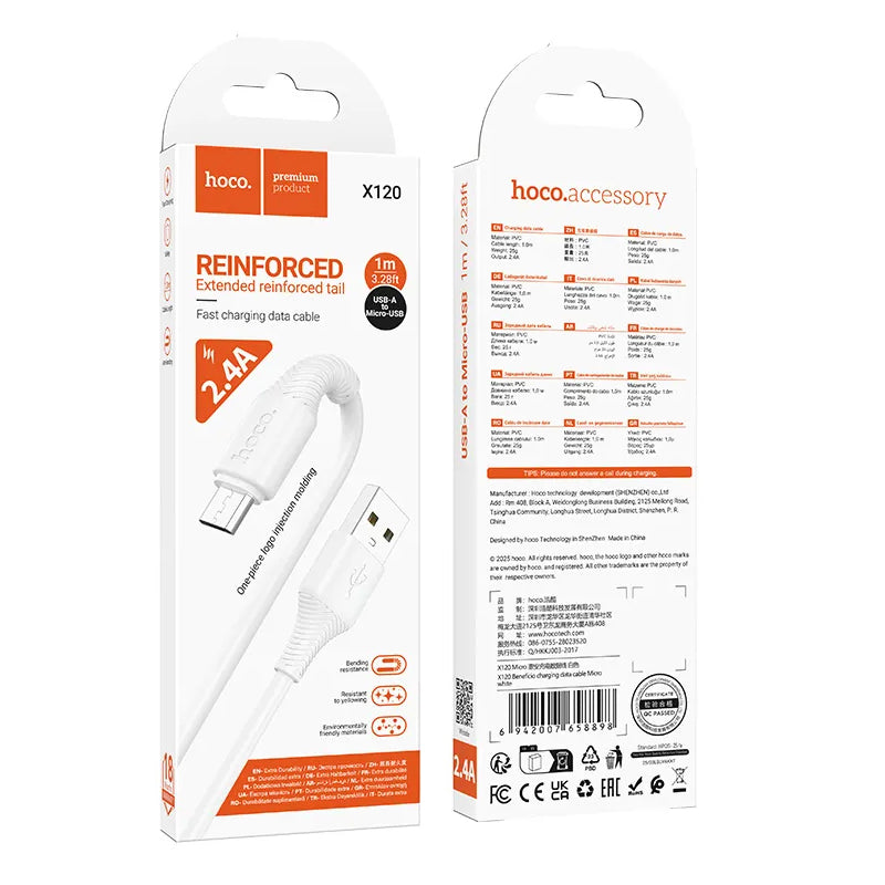 USB-A - microUSB HOCO X120 -kaapeli, 18W, 1m, Valkoinen