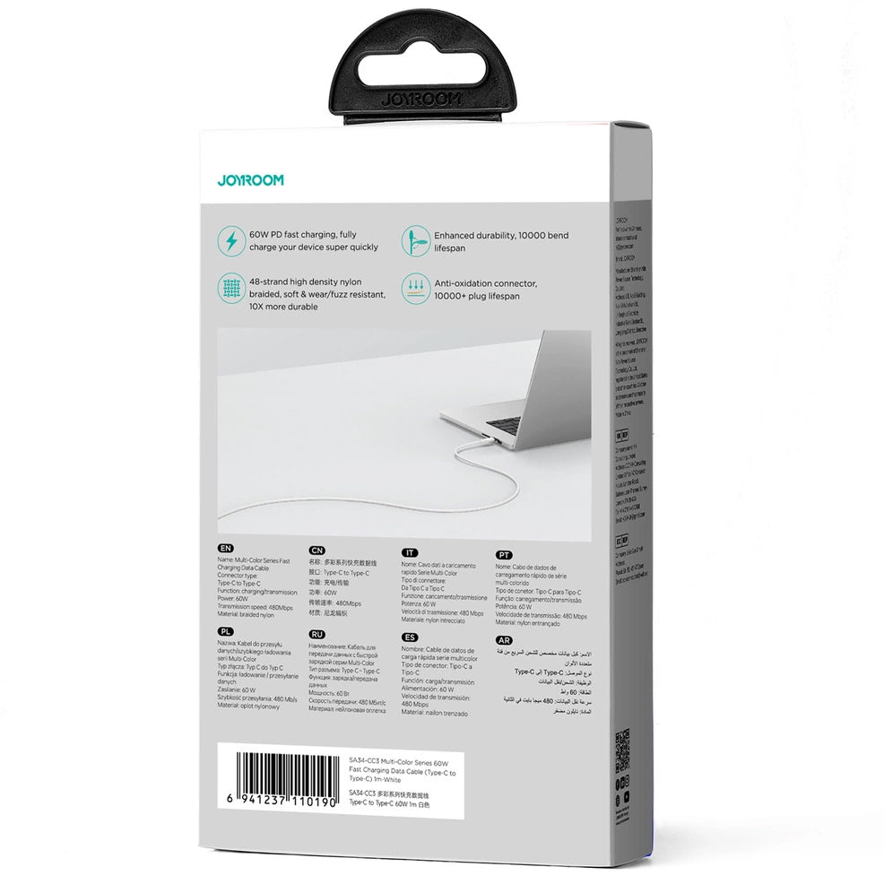 USB-C - USB-C Joyroom Multi-Color S-A34 -kaapeli, 60W, 1m, Valkoinen